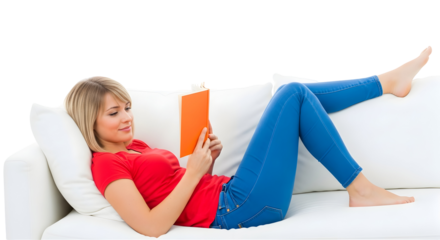 A young woman in casual clothing relaxes on a white sofa while reading a book