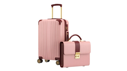 A stylish set of pink hardshell rolling luggage and matching small briefcase or travel bag with brown trim and gold hardware, isolated on transparent background