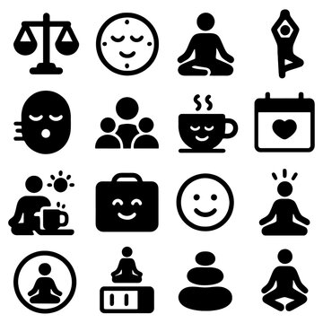Harmony and Balance: A collection of various icons depicting concepts of balance, mindfulness, and serenity, ideal for design templates related to well-being and a balanced lifestyle.