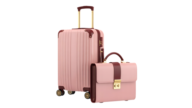 A stylish set of pink hardshell rolling luggage and matching small briefcase or travel bag with brown trim and gold hardware, isolated on transparent background