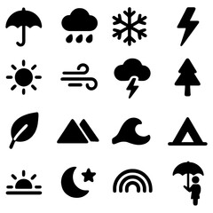 Naklejka premium Weather and Nature Icons: A collection of meticulously crafted silhouette icons capturing the essence of diverse weather conditions and natural elements, ideal for design.