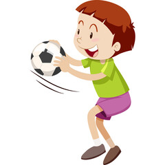Smiling young boy in green shirt and purple shorts catching a soccer ball with a white transparent background