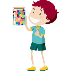 Smiling young boy in teal shirt and dark shorts holding a glass jar filled with colorful candies with a transparent background