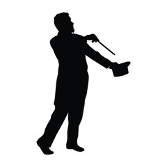 Silhouette illustration of a showman or magician in a tuxedo, performing a trick with a magic wand and top hat. Ideal for themes of illusion, entertainment, carnival, mystery, or circus.