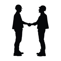 Silhouette illustration of two men wearing hard hats and safety gear, shaking hands to seal a deal or agreement. Ideal for themes of construction, teamwork, business, agreement, or partnership