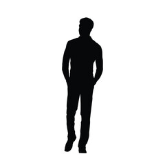 Silhouette illustration of a casual, confident man standing with hands placed inside his pockets. Ideal for themes of relaxation, casual wear, waiting, confidence, or minimalist pose