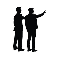 Silhouette illustration of two men in formal or semi-formal attire, with one pointing a finger forward or to the side. Conveys themes of guidance, future, direction, strategy, or teamwork.