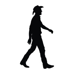 Silhouette illustration of a man walking while wearing a classic cowboy hat and boots. Ideal for themes of the wild west, ranching, western, country music, adventure, or traditional style.