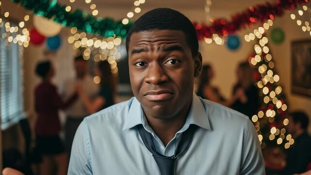 Young African American man with a grumpy and annoyed expression, wearing a blue shirt and loosened tie, standing out from a blurred festive holiday party background with colorful lights and people.