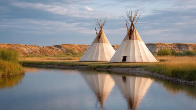 Tranquil Landscape with Tipis and Reflection in Calm Water at Sunset in Natural Surroundings 4k video footage