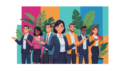 Diverse business team presenting with open arms against a colorful natureinspired background