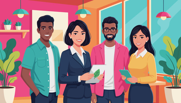 Vector illustration of diverse professionals smiling in a colorful modern coworking space