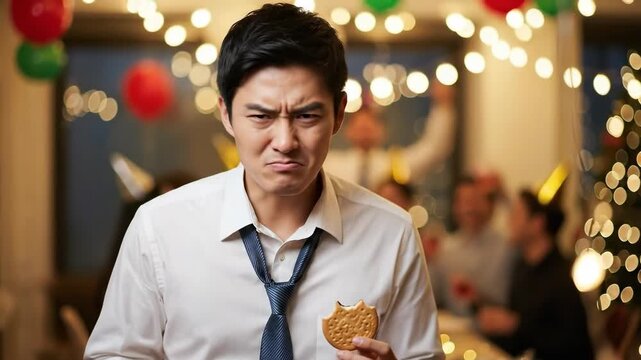 Asian man with a confused expression holding a cookie at a festive office holiday party with blurred colleagues in the background