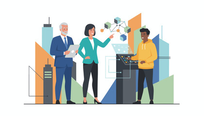 Fototapeta premium Diverse business team managing complex data network and urban technology systems