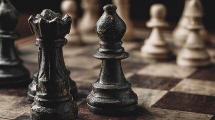 Close-up chess pieces on a wooden board
