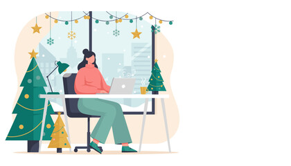 Remote work during Christmas Woman uses laptop in a cozy decorated home office during winter