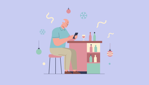 Senior man uses phone at home bar during a holiday party Flat vector illustration for modern lifestyle - Powered by Adobe