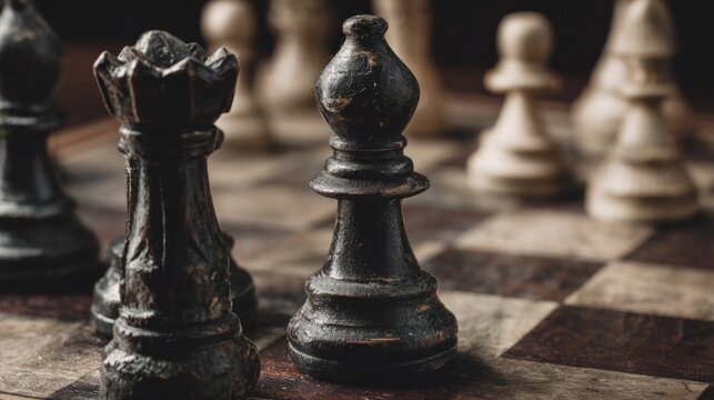 Close-up chess pieces on a wooden board