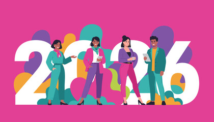 Diverse business team planning for 2026 embracing future success and growth Vibrant illustration