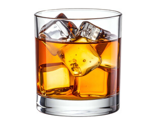 Golden amber spirit poured over ice cubes