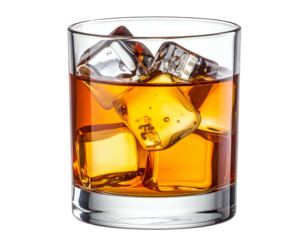 Golden amber spirit poured over ice cubes
