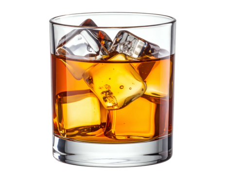 Golden amber spirit poured over ice cubes
