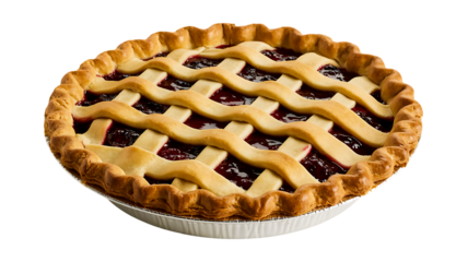 Delicious homemade cherry pie with a lattice crust baked to golden perfection, presented on a white disposable pie plate and isolated on transparent background