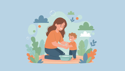 Happy mom teaching her little son hygiene outdoors Loving family washing hands illustration