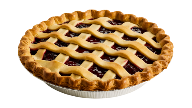 Delicious homemade cherry pie with a lattice crust baked to golden perfection, presented on a white disposable pie plate and isolated on transparent background