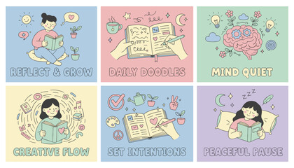 Illustrations for mental health and selfcare reflection journaling creativity and peaceful rest