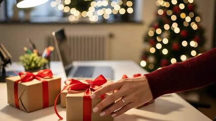 Female hand holding a beautifully wrapped Christmas gift with a red ribbon, surrounded by festive holiday decorations and bokeh lights in a cozy indoor setting. - Powered by Adobe