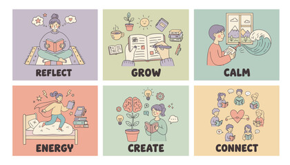 Pastel doodle set illustrating personal development mental wellness reading and creativity