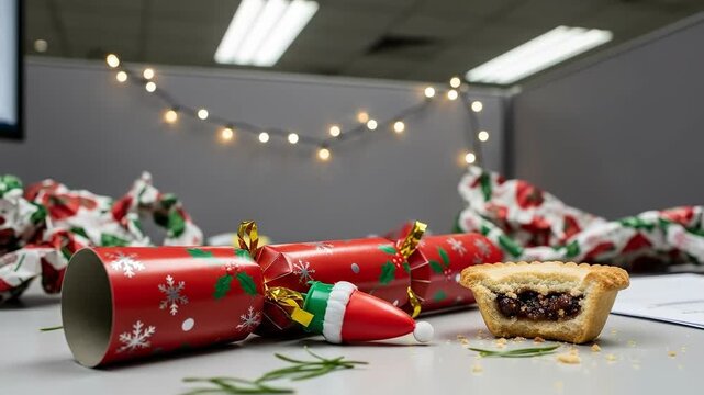 Festive Christmas cracker, Santa hat, and traditional mince pie on an office desk, symbolizing holiday cheer and workplace celebrations.