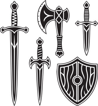 Gothic Broadsword and Dagger Clip Art: Fantasy Knight Blade Set for Gaming Icons, Heraldry, and Vintage Weapon T-Shirt Prints PNG