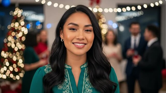 Festive Holiday Gathering Portrait of a Young Woman with Long Dark Hair and Green Dress - Powered by Adobe
