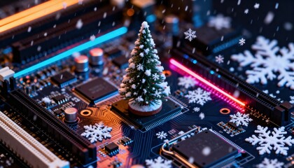 Miniature Christmas tree on a computer motherboard with glowing lights and falling snowflakes, symbolizing holiday technology.