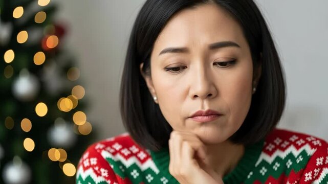 Sad Asian woman in Christmas sweater looking down, feeling lonely during holiday season with blurred festive tree in background