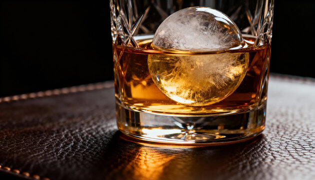 Close-up of whiskey glass with large spherical ice cube on leather surface in warm lighting