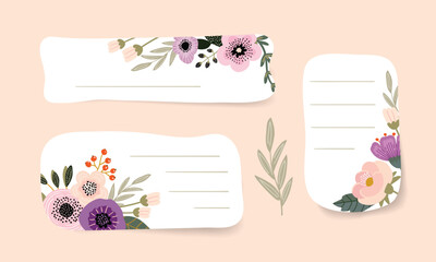 A set of stickers with abstract flowers and botanical elements with space for text. Suitable for invitations, postcards, and letters. Vector flat style.