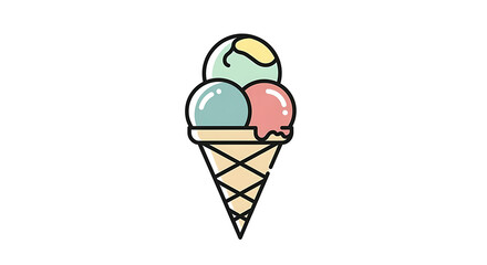 Colorful ice cream cone illustration with three scoops on white background