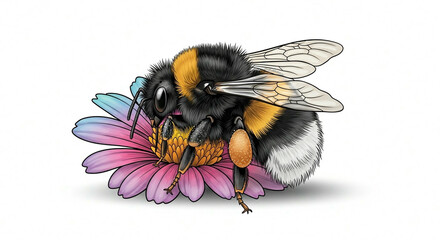 Detailed illustration of a bumblebee on a colorful flower