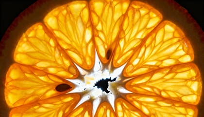 Close-up of a vibrant orange slice illuminated from behind, showcasing intricate pulp details and bright citrus textures