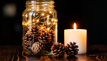 Festive jar with pinecones and string lights next to a glowing candle on a wooden table, dark background