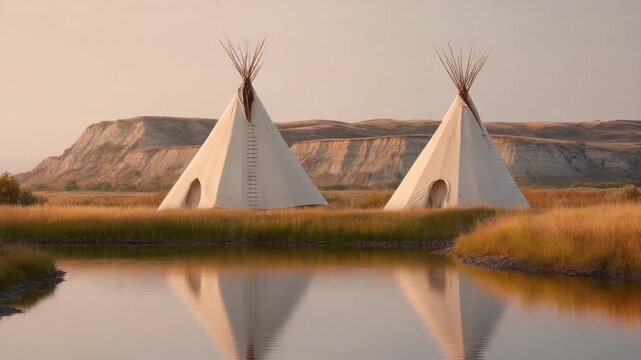 Serene Landscape with Tipis by Tranquil River at Sunrise in the Great Plains of North America 4k video footage