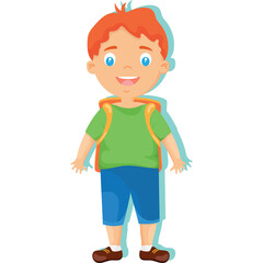 Smiling Young Boy With Red Hair And Blue Eyes Wearing A Green T Shirt Blue Shorts And A Yellow Backpack Standing On A Transparent Background