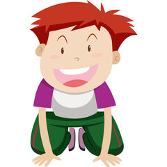 Smiling young boy with red spiky hair wearing a purple and white shirt and green pants in a low crouch ready to play with a transparent background