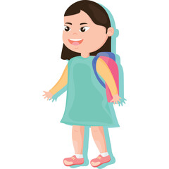 Smiling Young Girl Wearing A Teal Dress And Backpack With Multicolored Straps Ready For School