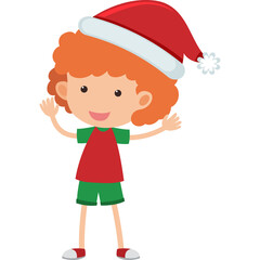 Smiling Young Girl with Curly Red Hair Wearing a Red And Green Christmas Outfit and Santa Hat Waving Hello With A Transparent Background