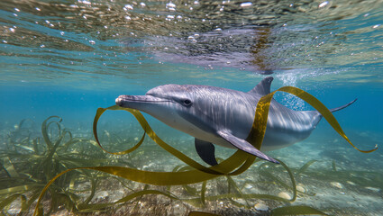 Graceful dolphin swimming through clear turquoise water, surrounded by vibrant seaweed, a stunning underwater scene of marine life in its natural habitat