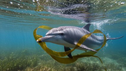 Playful dolphin gracefully swims through clear ocean water with seaweed, embodying freedom and the beauty of marine life in a vibrant underwater scene